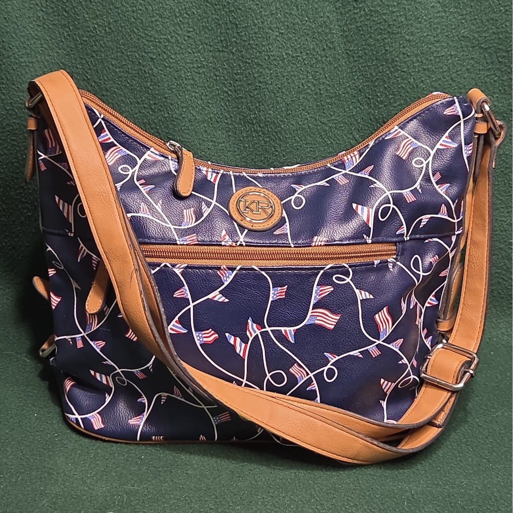 Kim Rogers Patriotic Shoulder Bag Blue with American Flags Crossbody Purse